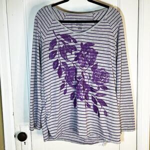 Women's Plus Size Purple and Gray Long Sleeve Floral Print V-Neck Size 1X